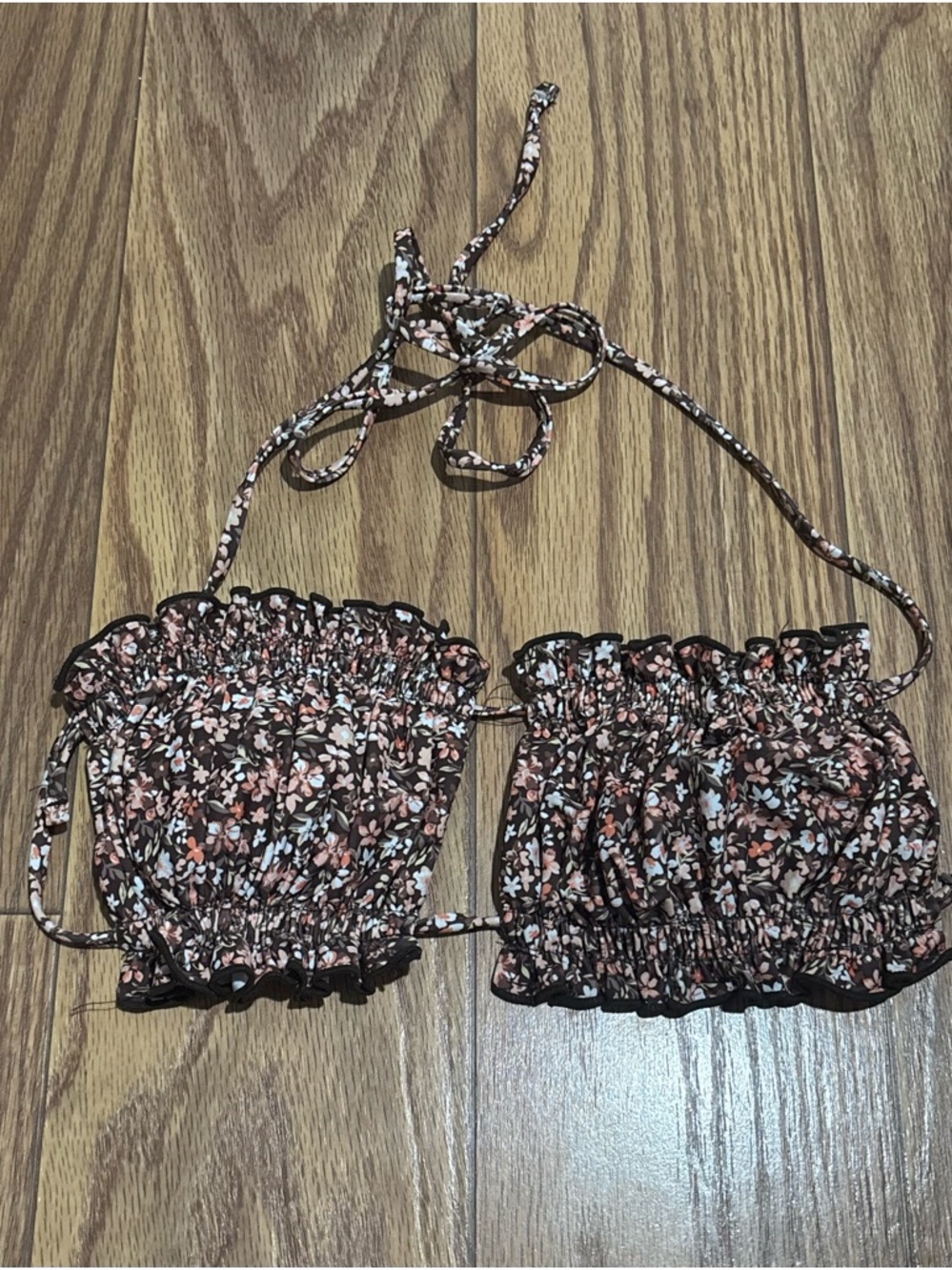 refuge Brown Floral Smocked Bandeau Bikini Top with Pink and White Flowers